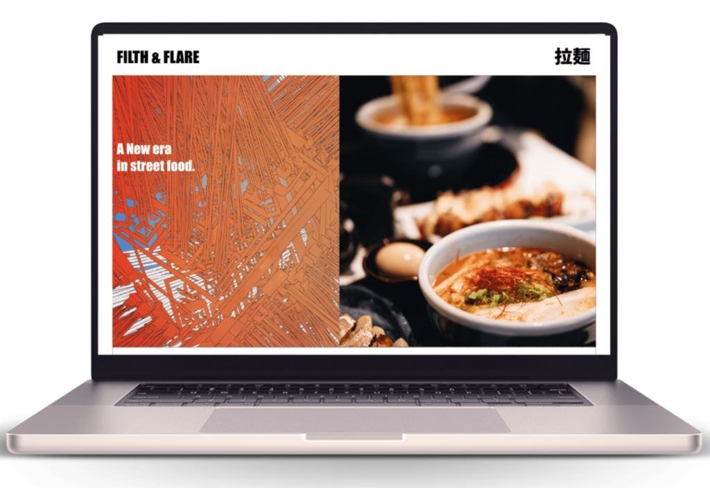 Laptop mock up with home page of a ramen restaurant website design