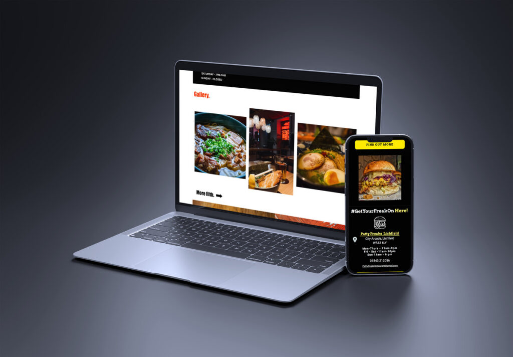 Mockup of a restaurant website displayed on a laptop and smartphone, showing a gallery of food images and restaurant details. The laptop screen features dishes in the gallery section, while the smartphone highlights a burger image with the slogan #GetYourFreakOn and location information for Patty Freaks in Lichfield.