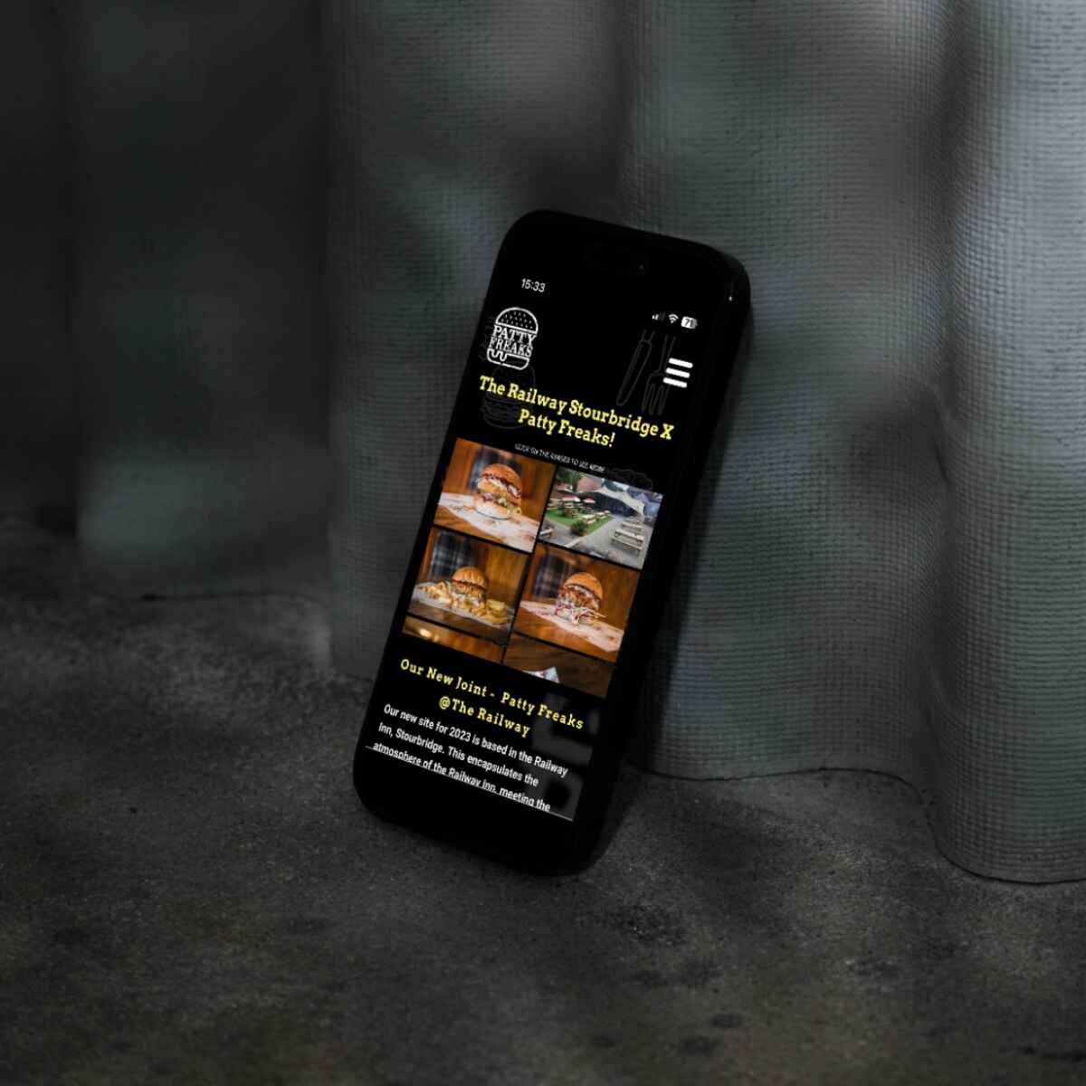 Mobile balanced upright displaying the Stourbridge Page for the Restaurant The Patty Freaks.