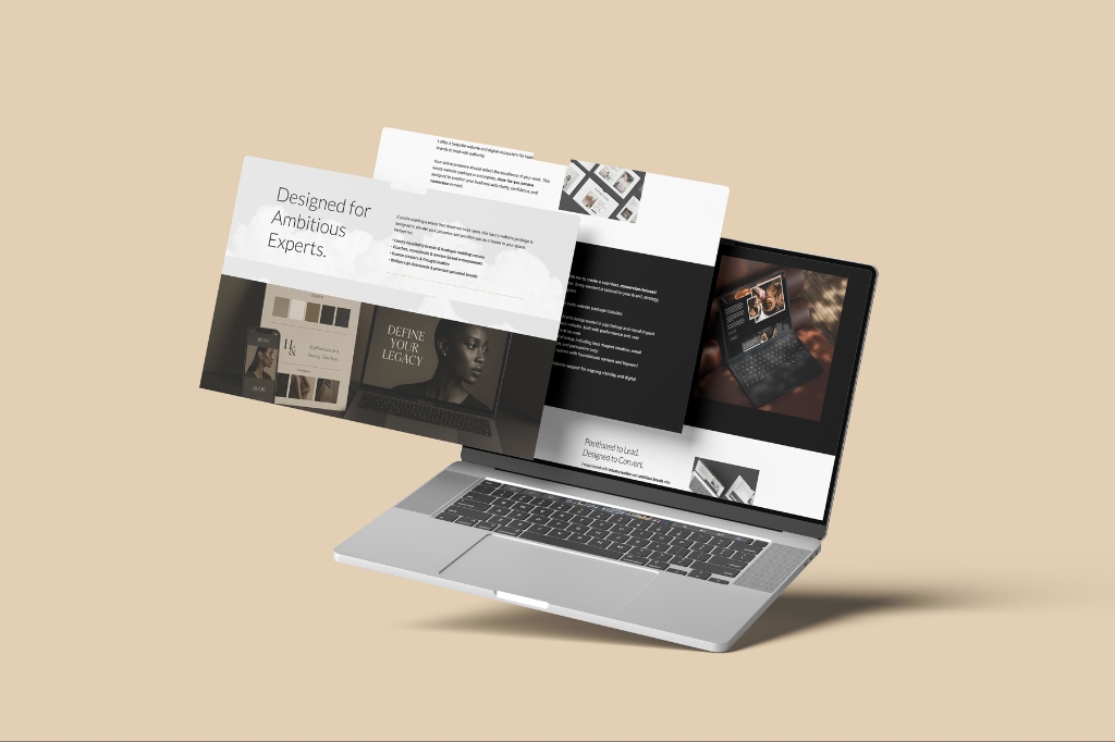 Laptop displaying layered web design mockups with text and imagery for SEO and branding services.