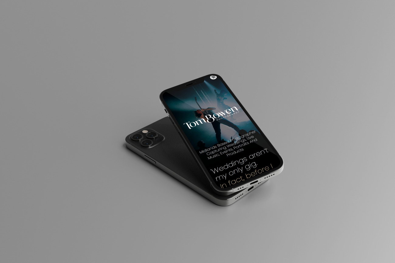 Mobile phone showing a photography website design for a Midlands-based photographer.