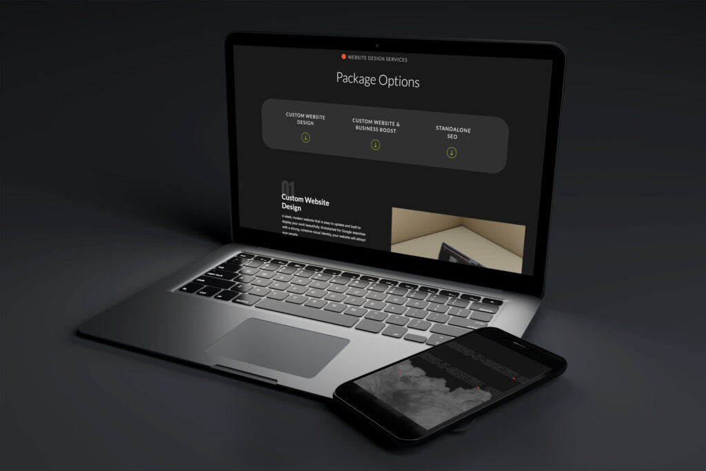 A laptop displaying a web design services page with package options, alongside a smartphone showing the same website, both set against a dark background. The laptop screen shows options for custom website design, custom website & business boost, and standalone SEO, with a description of custom website design visible.