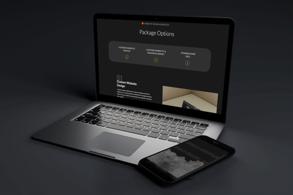 A laptop displaying a web design services page with package options for custom website design, custom website and business boost, and standalone SEO. A smartphone is placed next to the laptop, both on a dark surface.