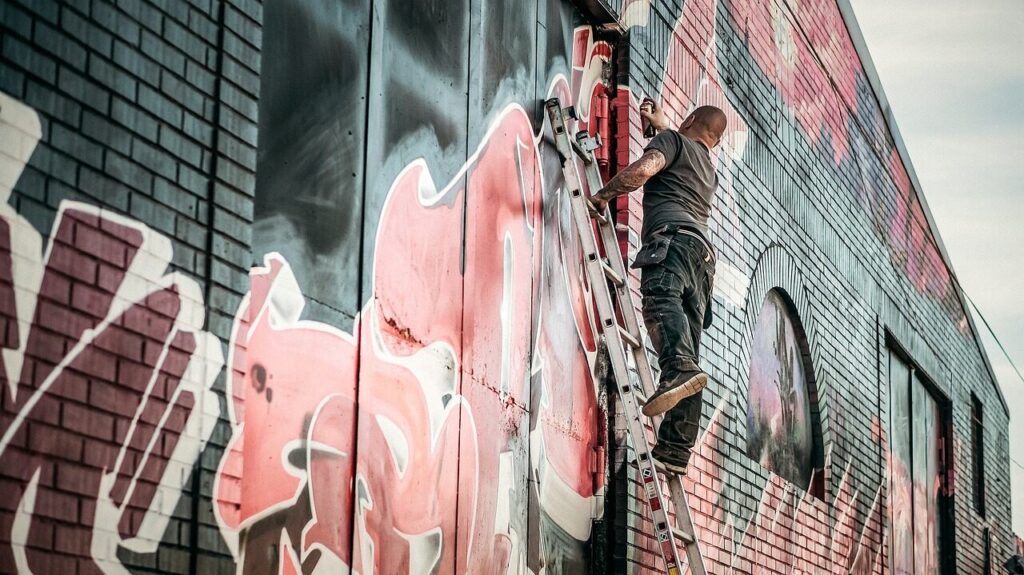 A man stands on a ladder, applying graffiti to a large brick wall. He is in the process of spray-painting vibrant designs in pink and red, adding to an already colorful mural that stretches across the wall.