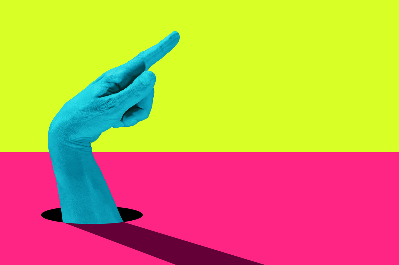 A surreal, brightly coloured artwork featuring a blue hand emerging from a hole against a bold backdrop of neon green and pink, casting a shadow. The design is minimalist and abstract.