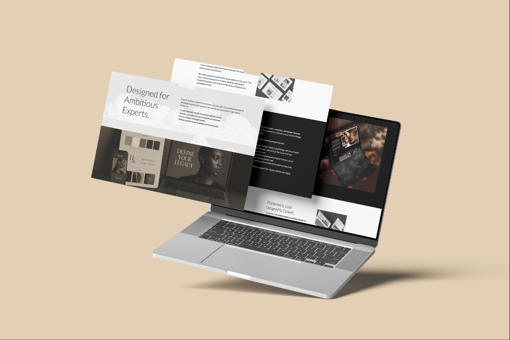 Floating website mockup over a beige background showing a modern, elegant design with monochrome and earthy tones, minimalist typography, and high-end lifestyle visuals across multiple screen views.