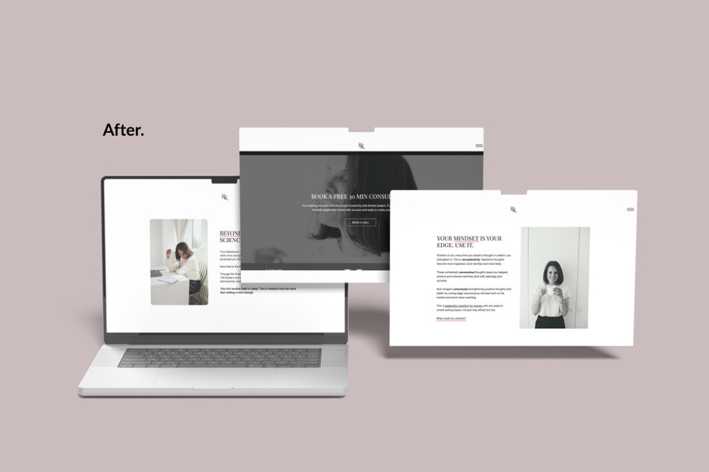 Mockup of a modern executive  coaching website redesign displayed on a laptop and two floating browser windows, featuring clean white backgrounds, professional photography, and minimal typography.