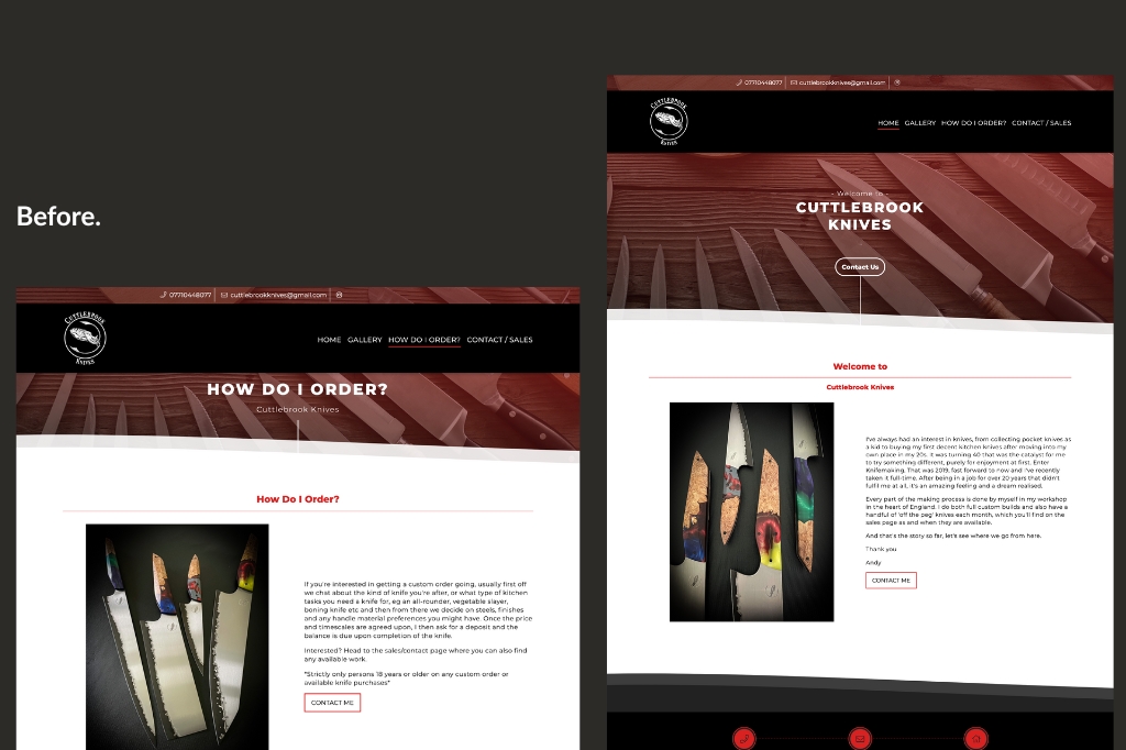 Two screenshots of an older knife website design showing a white layout with red accents, minimal imagery, and text-heavy pages for ordering and company introduction.