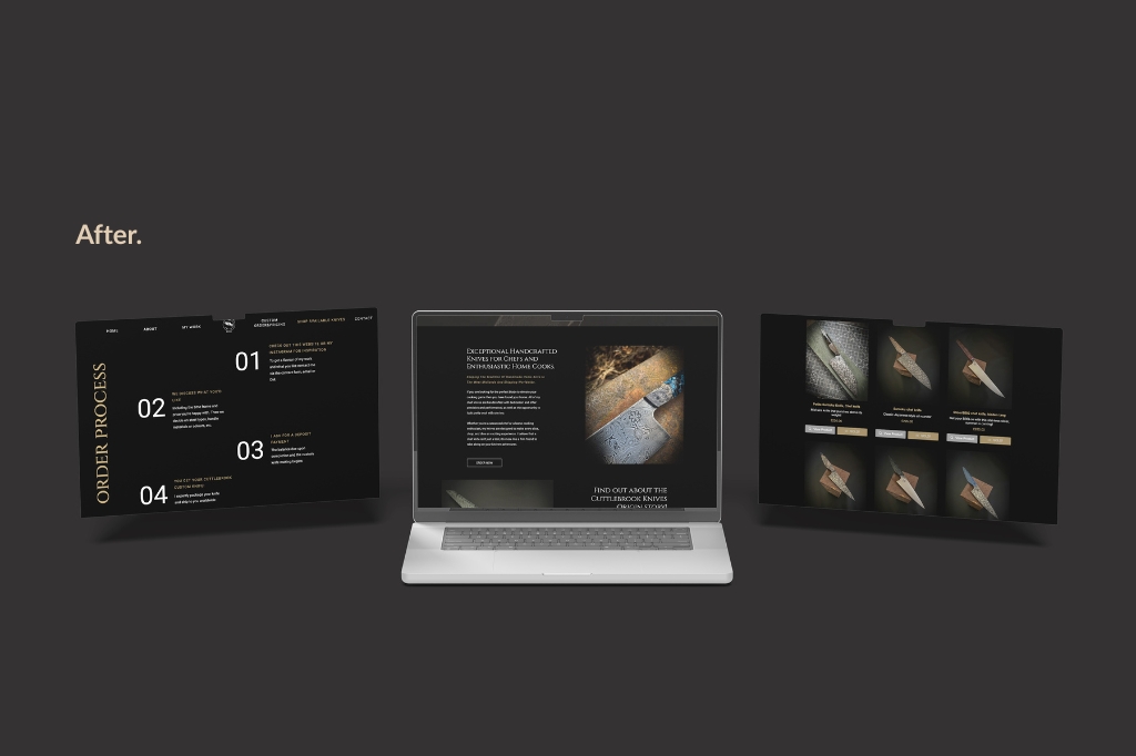 Mockup of a redesigned knife website with a dark, sleek layout, gold accents, detailed knife photography, and a clearly structured order process displayed across a laptop and two floating browser windows.
