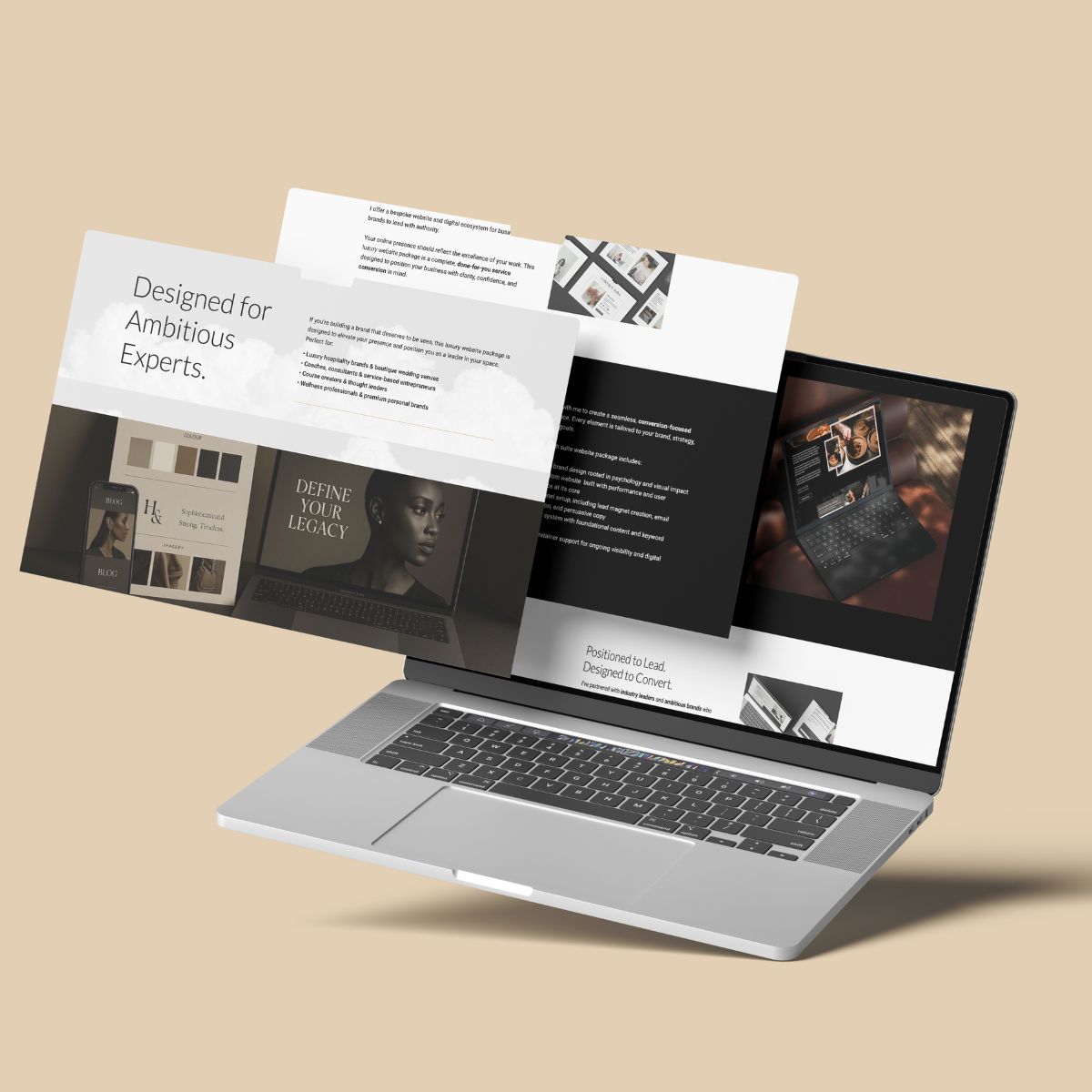 Floating website mockup over a beige background showing a modern, elegant redesign and branding system pages