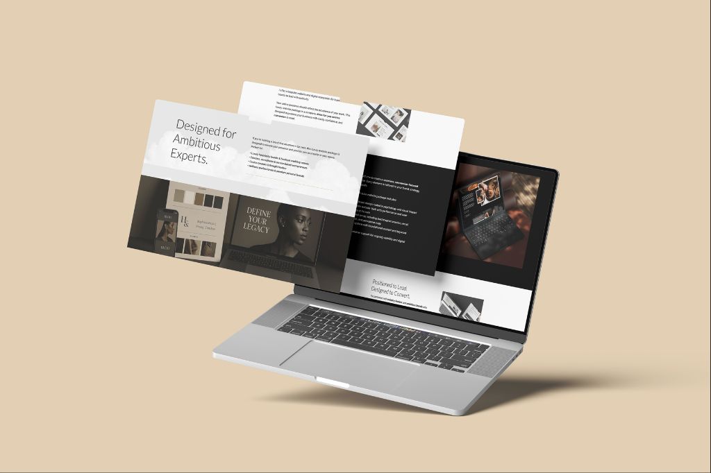Sleek laptop with floating web design screens showing clean layouts, muted tones, and the text “Designed for Ambitious Experts.