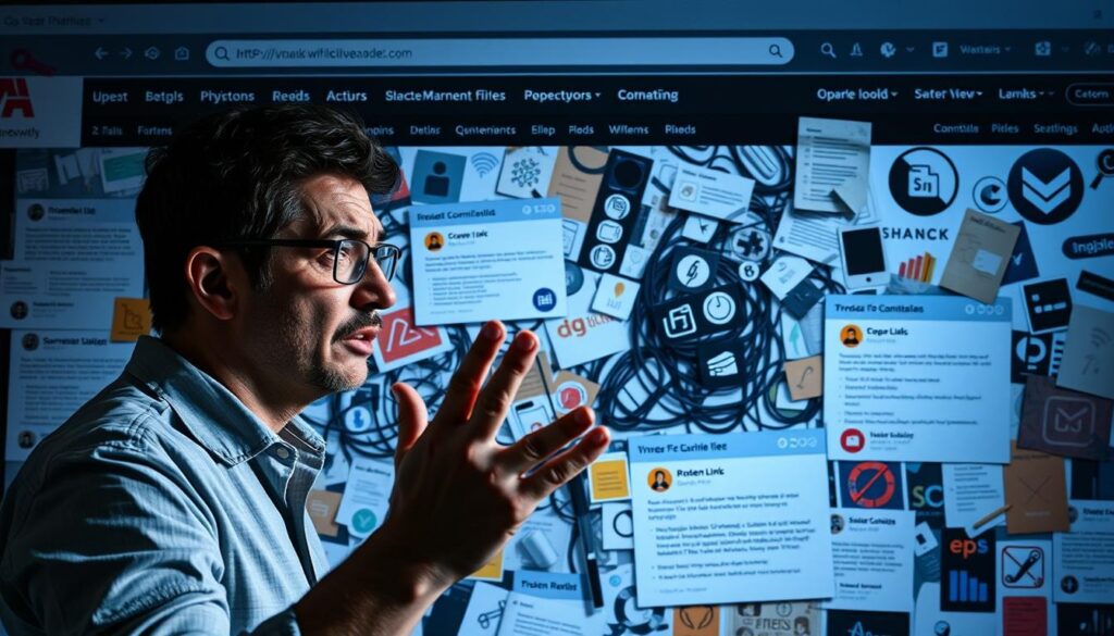 Man gesturing in front of a cluttered digital screen filled with overlapping icons, notifications, and browser elements, representing the chaos and confusion caused by poor website design and common redesign mistakes.