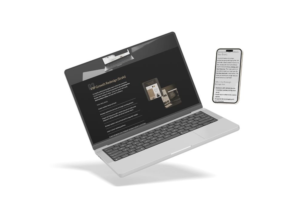 Floating laptop and smartphone displaying a dark-themed web design service page titled "VIP Growth Redesign (Scale)" with white text and visuals of branding mockups and website previews.