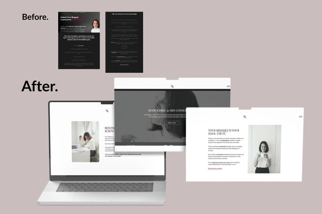 Kaya Ramjee: Before-and-after comparison of Kaya Ramjee’s website redesign, showing a shift from a dark, text-heavy layout to a clean, white minimalist design with clear sections, photos, and improved readability.