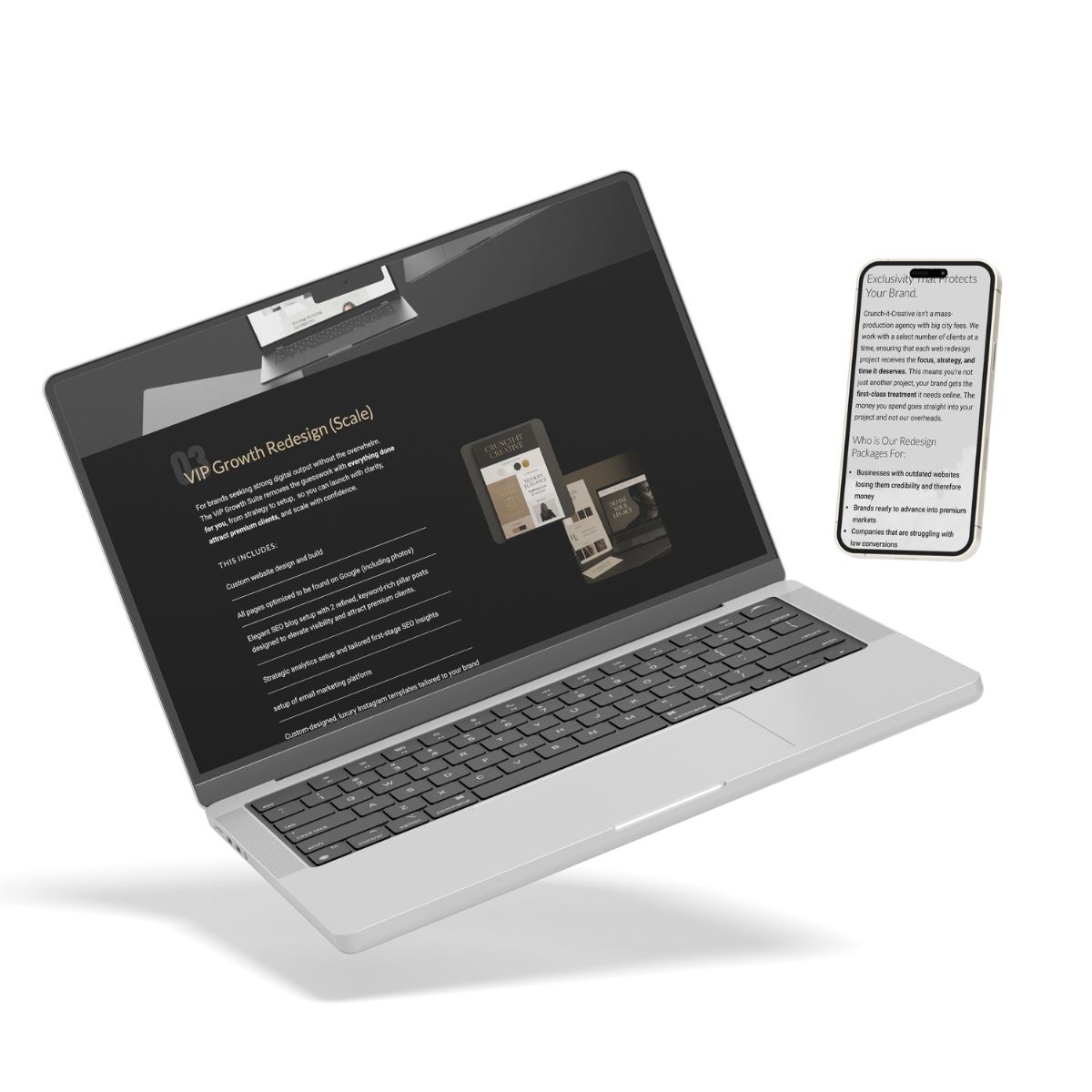Floating laptop and smartphone displaying a dark-themed web design service page titled "VIP Growth Redesign (Scale)" with white text and visuals of branding mockups and website previews from crunch-it-creative website page