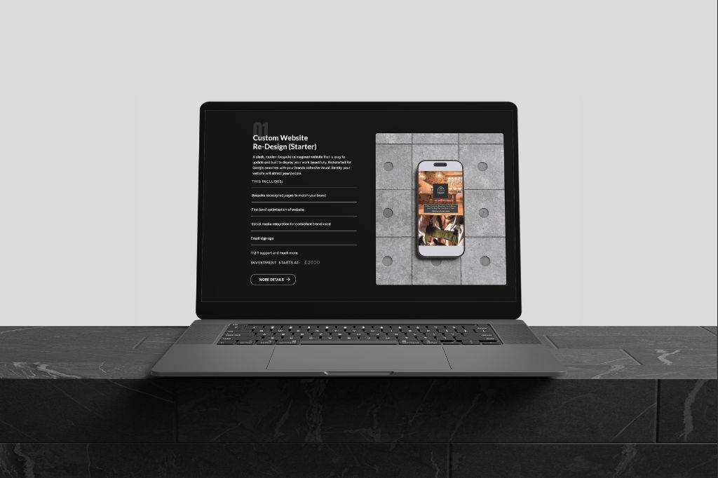 Laptop displaying a website redesign service page with a centered phone mockup and a list of included features on a black background.